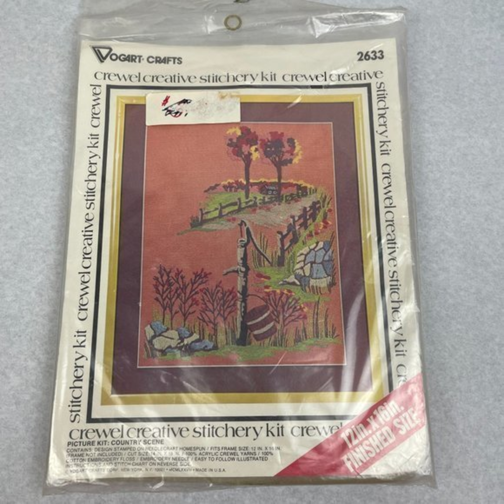 Vintage 70s Vogart Crafts Crewel Stitchery Craft Kit Country Scene #2633 Sealed